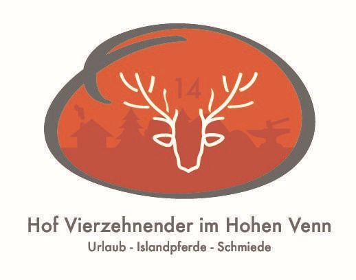 Ein Logo des Hofs Vierzehnender im Hohen Venn. Es zeigt ein stilisiertes Reindeer und deutet auf Urlaub, Islandpferde und eine Schmiede hin.