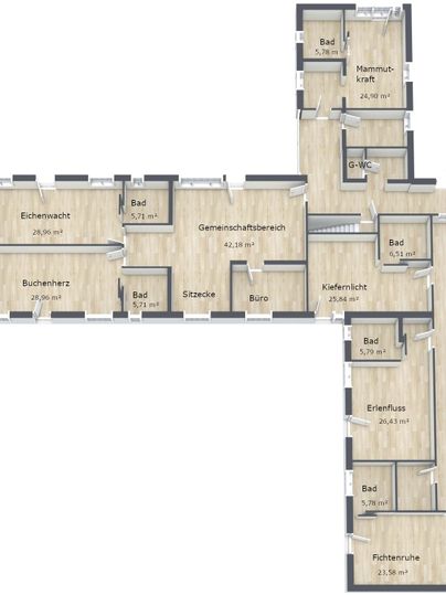 Een plattegrondschets van een gebouw met meerdere kamers en badkamers. De ruimtes zijn duidelijk benoemd en goed gestructureerd.