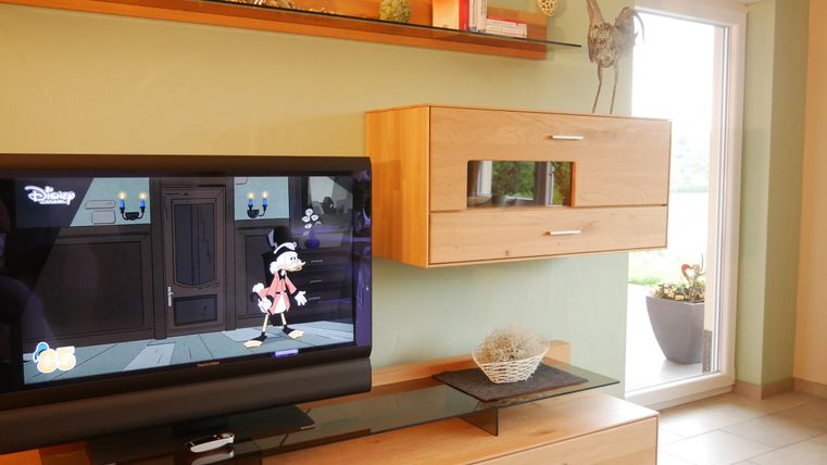 Een modern woonkamer met een televisie die een tekenfilm vertoont. Op de achtergrond zijn elegante meubels en een raam met planten te zien.
