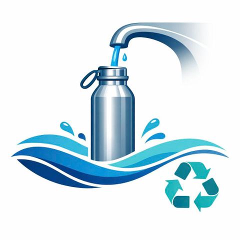 A stainless steel water bottle is being filled under a faucet. Waves and a recycling symbol are shown next to the bottle.
