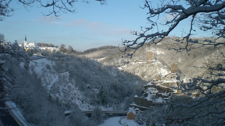 Een besneeuwd landschap met met sneeuw bedekte bomen en zachte heuvels. Op de achtergrond zijn gebouwen en een blauwe lucht te zien.