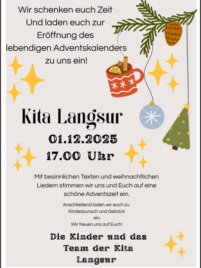 Een uitnodiging voor de opening van een levendige adventskalender in de Kita Langsur. Het evenement vindt plaats op 01.12.2025 om 17 uur en biedt bezinnende teksten en kerstliederen.
