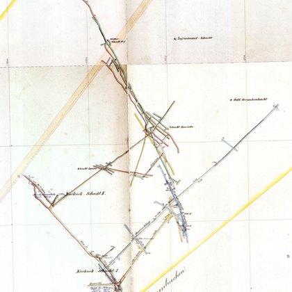 An old map with color-marked lines and paths. The structure shows a network of transport connections in a specific region.