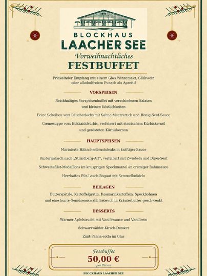Un buffet festif dans le chalet Laacher See avec une sélection d'entrées, de plats principaux et de desserts. Idéal pour un repas festif pendant la période de l'Avent.