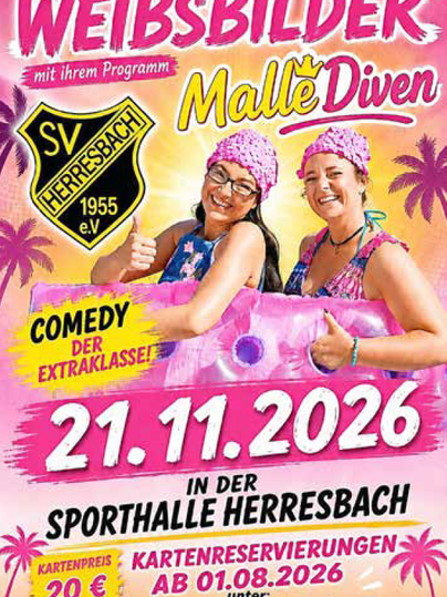 Ein farbenfrohes Werbeplakat für eine Comedy-Show mit dem Titel "Malle Diven". Es zeigt zwei lächelnde Frauen in Badebekleidung und weiteren bunten Accessoires.