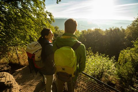 Deux randonneurs avec des sacs à dos profitent de la vue depuis un point de vue dans la forêt.