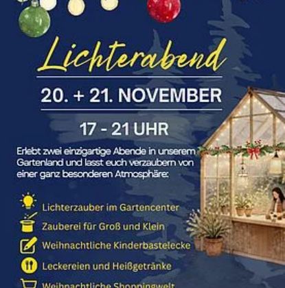 Een poster voor de Lichtavond in de tuin van Schmitt, die op 20 en 21 november van 17 tot 21 uur plaatsvindt. Het toont verschillende activiteiten zoals Lichtmagie, shows met magie en kerstaanbiedingen.