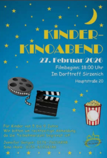 Ein Poster für einen Kinderkinoabend am 27. Februar 2026. Der Film beginnt um 18:00 Uhr im Dorfzentrum Sirzenich.