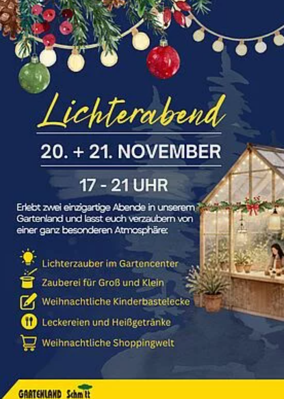 Een poster voor de Lichtavond in de tuin van Schmitt, die op 20 en 21 november van 17 tot 21 uur plaatsvindt. Het toont verschillende activiteiten zoals Lichtmagie, shows met magie en kerstaanbiedingen.