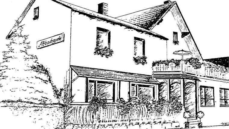 A simple, sketchy image of a house with a balcony. There are windows with flower boxes and a shaded terrace.