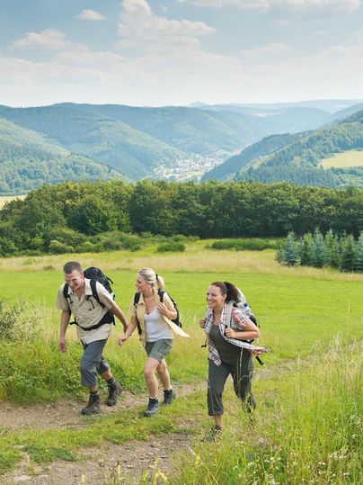 Een groep wandelaars klimt een heuvel op. Op de achtergrond zijn groene heuvels en een blauwe lucht te zien.