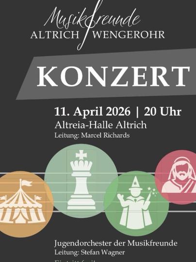 Een poster voor een jubileumconcert van de Muziekvrienden Altrich-Wengerrohr. Het toont de tekst "groen" en een trompetsymbool op een achtergrond van klavertjes.