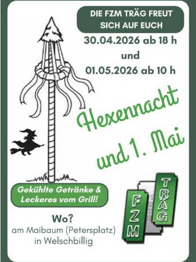 A poster for an event featuring a maypole and a witch. It announces the Witches' Night and May 1st with drinks and grilling.
