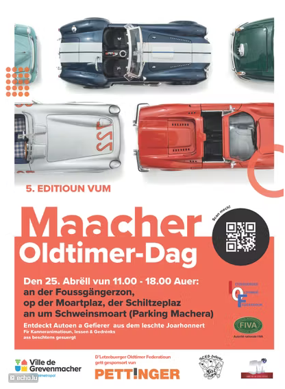 Ein Plakat für den Maacher Oldtimer-Tag mit klassischen Autos. Die Veranstaltung findet am 25. April von 11 bis 18 Uhr statt.
