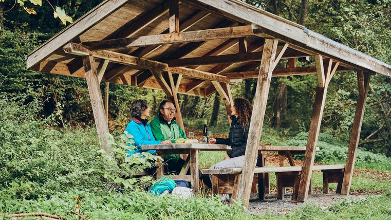 Trois personnes sont assises à une table en bois dans une cabane forestière couverte et discutent en buvant un verre au milieu de la nature.