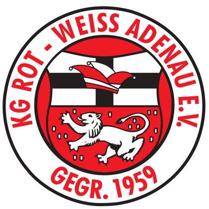 A coat of arms of the association KG Rot-Weiß Adenau e.V. featuring a lion and a stylized cross. The design is red, black, and white and includes the founding year 1959.