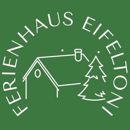 Ein einfaches Logo für ein Ferienhaus. Es zeigt ein Haus und einen Baum auf grünem Hintergrund.