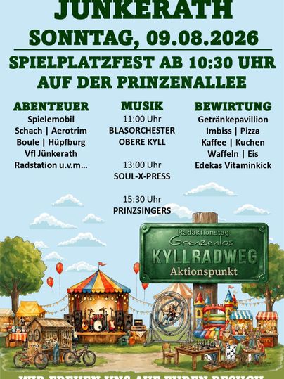 Ein Plakat für das Spielplatzfest in Jünkerath am 09.08.2026. Es zeigt verschiedene Aktivitäten, Musikaufführungen und gastronomische Angebote.