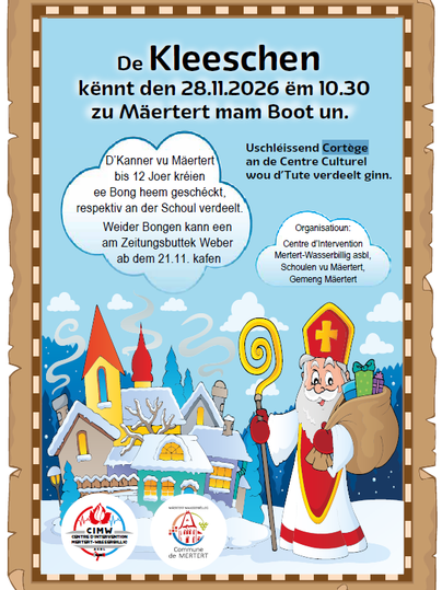 Une affiche joyeuse pour un événement organisé par le Kleeschen, qui aura lieu le 28 novembre 2026. Elle représente une scène hivernale avec un charmant vieil homme et des bonbons colorés.