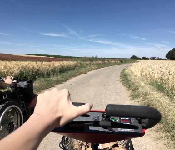 Eine Person fährt mit einem Swiss Trac auf einem ländlichen Weg, umgeben von goldenen und grünen Feldern unter klarem, blauem Himmel., © TI Bitburger Land