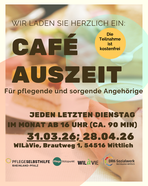 Ein einladendes Plakat für ein Café, das Pflegekräfte und Angehörige anspricht. Es enthält Informationen zum Veranstaltungsort und Zeitpunkt.