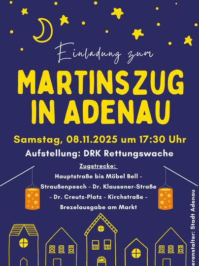Invitation poster for the St. Martin's parade in Adenau. The parade takes place on 11/08/2025 at 5:30 PM, with information about the assembly and parade route.