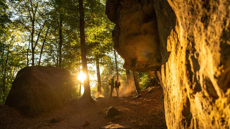 Sonnenlicht fällt stimmungsvoll durch hohe Bäume in der Teufelsschlucht; zwei Personen wandern auf einem schmalen Pfad zwischen moosbedeckten Felsen und steilen Felswänden. 