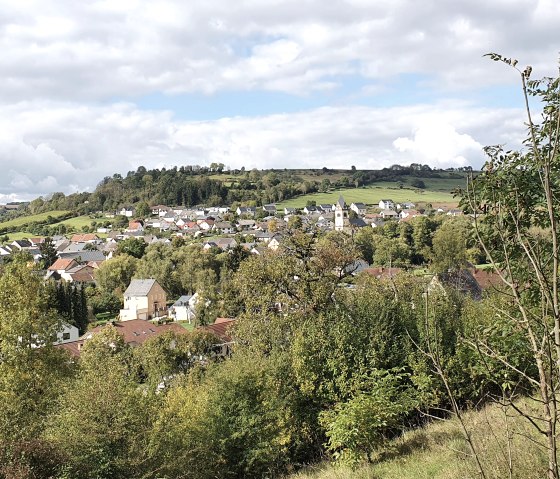 Vue panoramique sur le village d'Oberweis, entouré de collines verdoyantes et d'arbres sous un ciel nuageux., © TI Bitburger Land, Steffi Wagner