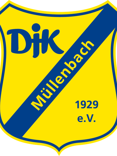 A coat of arms of DJK Müllenbach in yellow and blue. The year 1929 and the club name are also included.