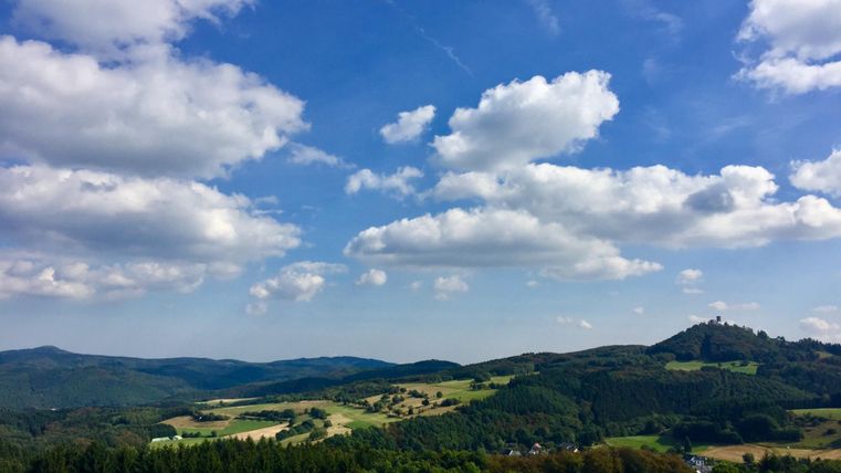 Landschap met de kasteelruïne van Nürburg op een heuvel, omringd door bossen en velden onder een blauwe lucht met wolken.