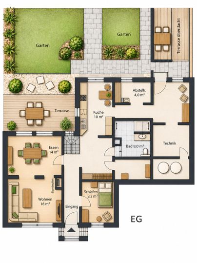 Ein Grundriss eines Hauses mit verschiedenen Räumen wie Wohnzimmer, Küche und Schlafzimmer. Außenbereich mit Terrassen und Gärten ist ebenfalls dargestellt.