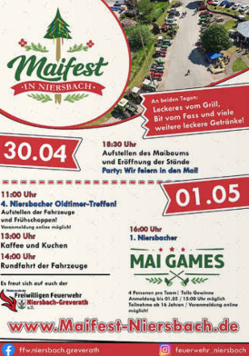 A poster for the May Festival in Niersbach featuring various events and information. It displays dates, program items, and details about the catering offerings.