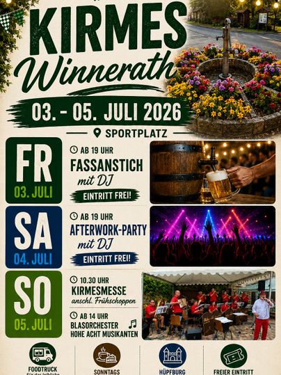 Ein Plakat für die Kirmes in Winnerath vom 04. bis 06. Juli 2025. Es zeigt verschiedene Veranstaltungen und Zeiten, darunter Live-Musik und ein Fassanstich.