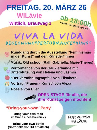 Une affiche d'événement colorée pour "Viva la Vida" avec des informations sur une exposition d'art et des performances. Elle invite les visiteurs à un événement communautaire le 20 mars.