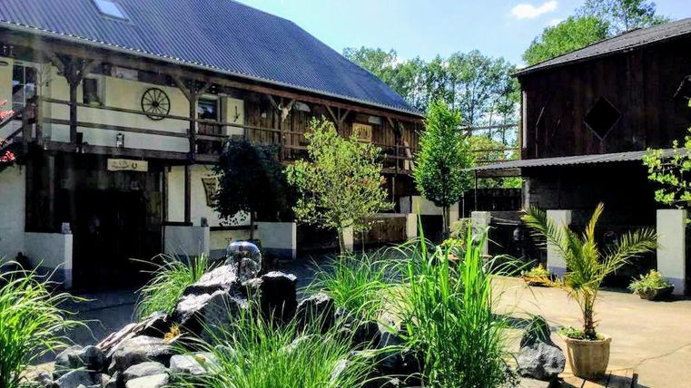 Une cour intérieure avec une cascade de pierres et une végétation luxuriante. En arrière-plan, on peut voir des bâtiments rustiques et des arbres.