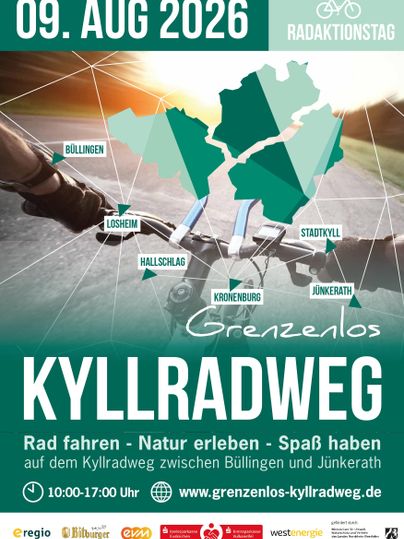 Ein Plakat für den Radaktionstag am 09. August 2026. Es zeigt den Kyllradweg zwischen Büllingen und Jünkerath, mit Informationen zu den Aktivitäten und dem Erlebnis der Natur.