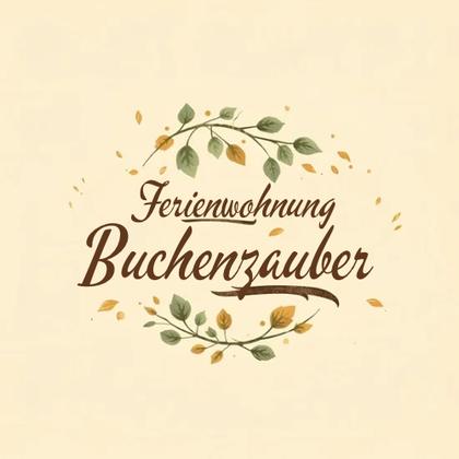 An elegant logo for a holiday apartment. The inscription "Ferienwohnung Buchenzauber" is surrounded by leaf-like embellishments.