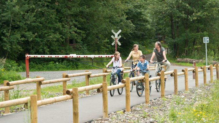 Une famille circule à vélo sur une route asphaltée, entourée de rampes en bois et d'arbres.