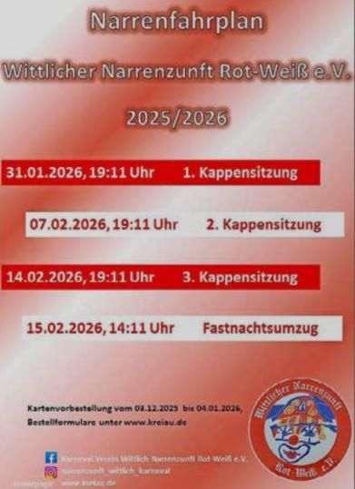 An event plan for the Wittlicher Narreenzunft Rot-Weiß e.V. for 2025/2026. The dates of the Kappensitzungen and the Fastnachtsumzug are listed.