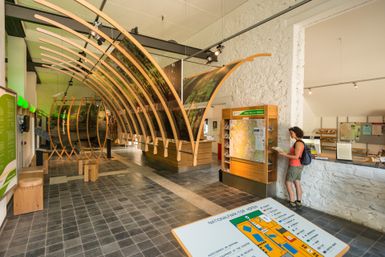 Menschen stehen im Gebäude des Nationalpark-Tors Höfen. Das Innere ist modern gestaltet, mit Holzbögen und Infotafeln. Es gibt viele Infos über die Natur