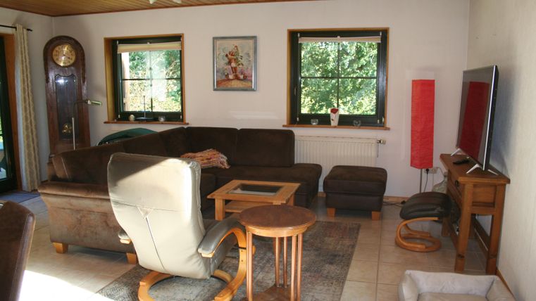 Een gezellige woonkamer met een bruine bank en een fauteuil. Vensters laten veel daglicht binnen en creëren een uitnodigende sfeer.