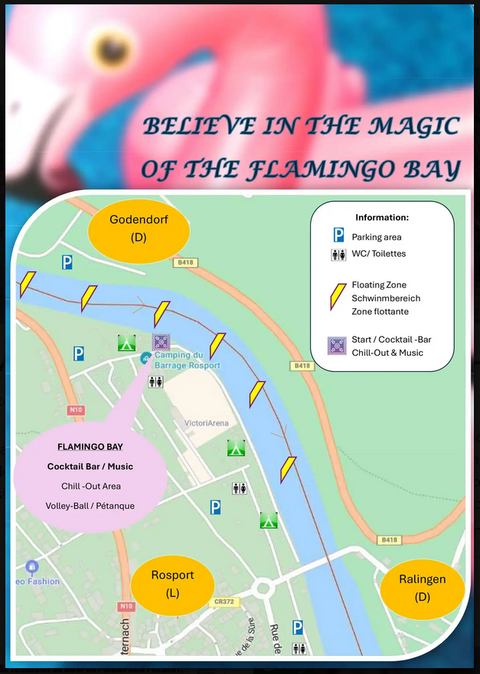 Een kaart van Flamingo Bay met verschillende gebieden zoals cocktailbar, chill-out-zone en sportmogelijkheden. De omgeving is kleurrijk en uitnodigend ingericht.