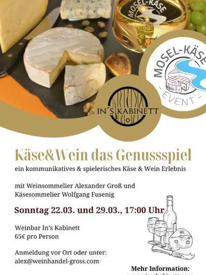An event poster for a cheese and wine event. It features various types of cheese, wine, and information on how to register.