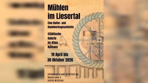 A poster for an exhibition titled "Mills in the Liesertal". The exhibition will take place in the municipal gallery in the Old Town Hall from April 19 to October 30, 2026.