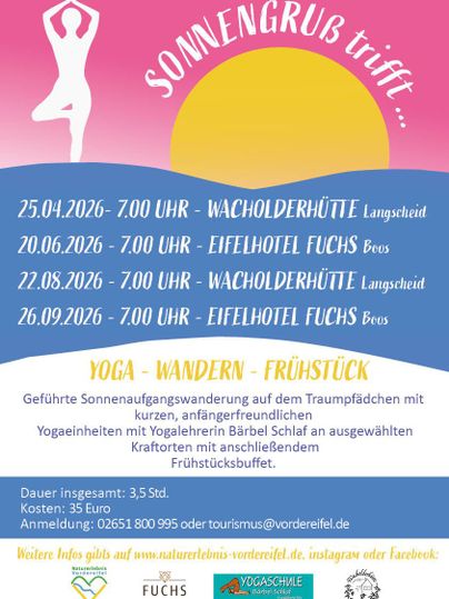 Eine Veranstaltungshinweis zur "Sonnenengrub trifft..." Serie mit Yoga, Wandern und Frühstück. Die Termine und Details sind in bunten Farben auf einem Plakat angeordnet.