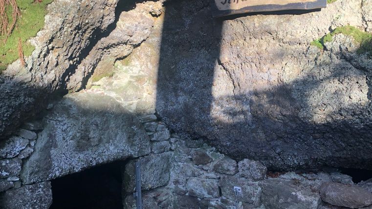 Ingang tot de Schwedenfeste in Hohenfels-Essingen, omgeven door rotsen en gebladerte.