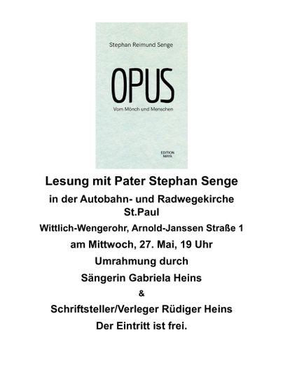 A poster for a reading at the Highway and Cycle Path Church St. Paul. The event will take place on June 6th at 7 PM with Father Stephan Senge.