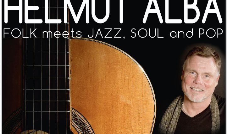 A portrait of Helmut Alba posing with a guitar. The text highlights the musical styles of folk, jazz, soul, and pop.