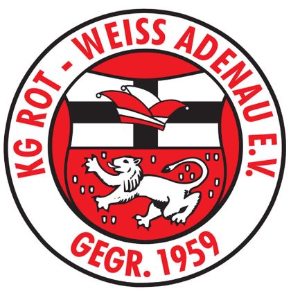 A round club emblem in red and white. In the center, a lion is depicted, surrounded by the inscription "KG ROT - WEISS ADENAU E.V. FOUNDED 1959".