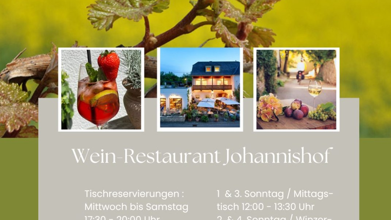 Un restaurant nommé Johannishof avec une offre de vins et des gâteaux faits maison. À l'arrière-plan, on voit des vignes et un beau paysage.